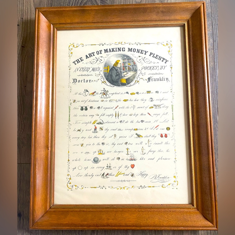 Vintage ‘The Art of Making Money Plenty’ Print Ben Franklin Americana Decor